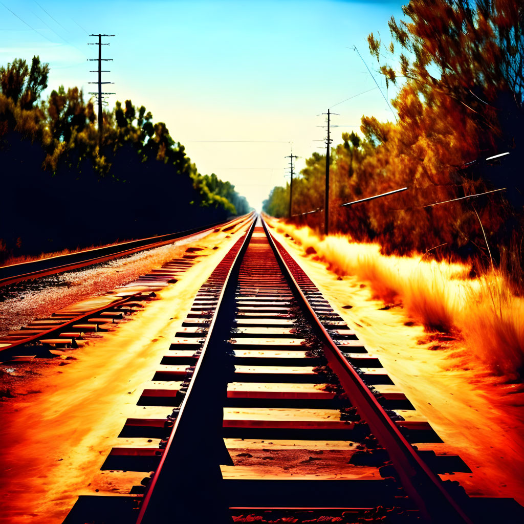 Sunlit railroad tracks in golden landscape with trees and blue sky