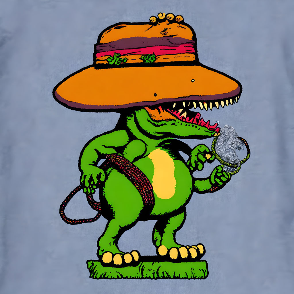 Green T-Rex Cartoon with Orange Hat and Whip on Textured Blue Background