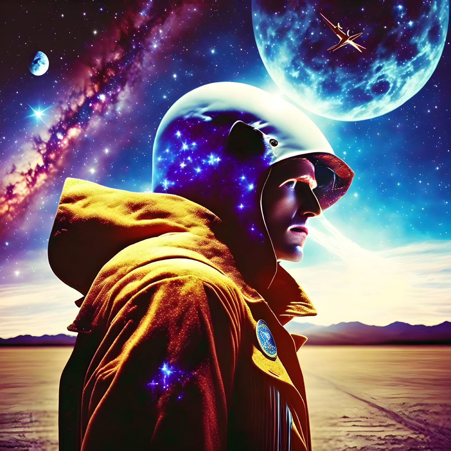 Astronaut in reflective helmet and orange suit against cosmic backdrop