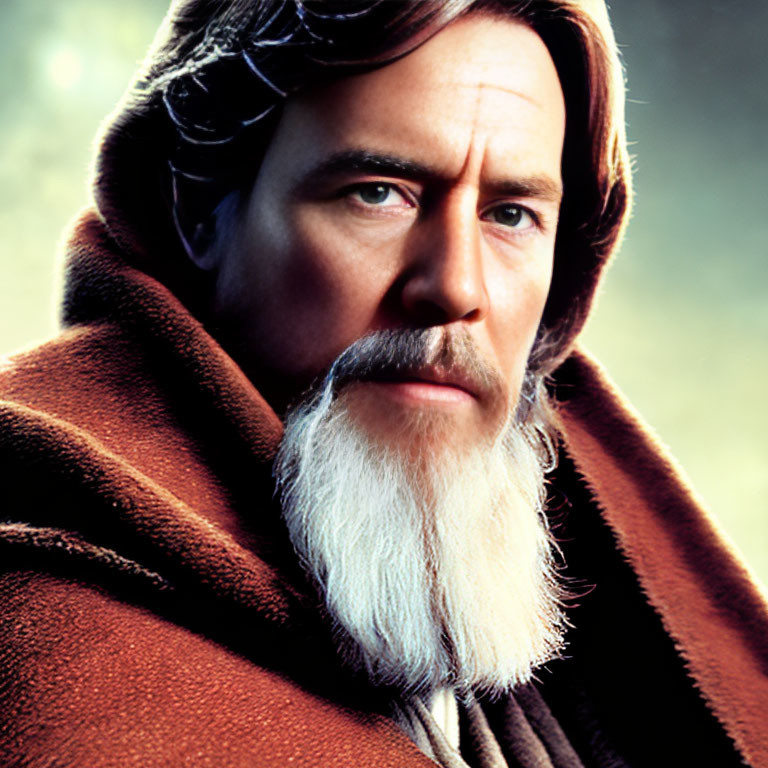 Bearded man in brown cloak with raised collar, gazing intently