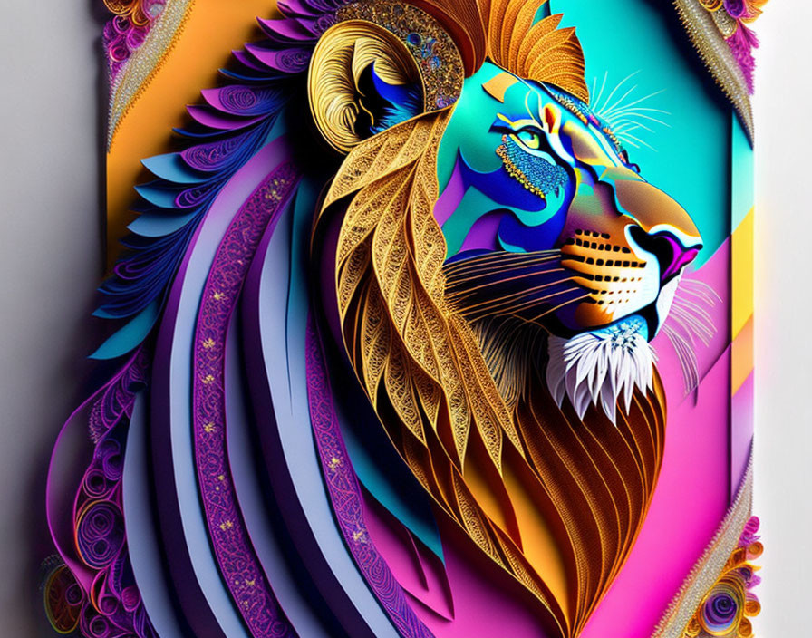 Colorful Stylized Lion Artwork with Multicolored Mane