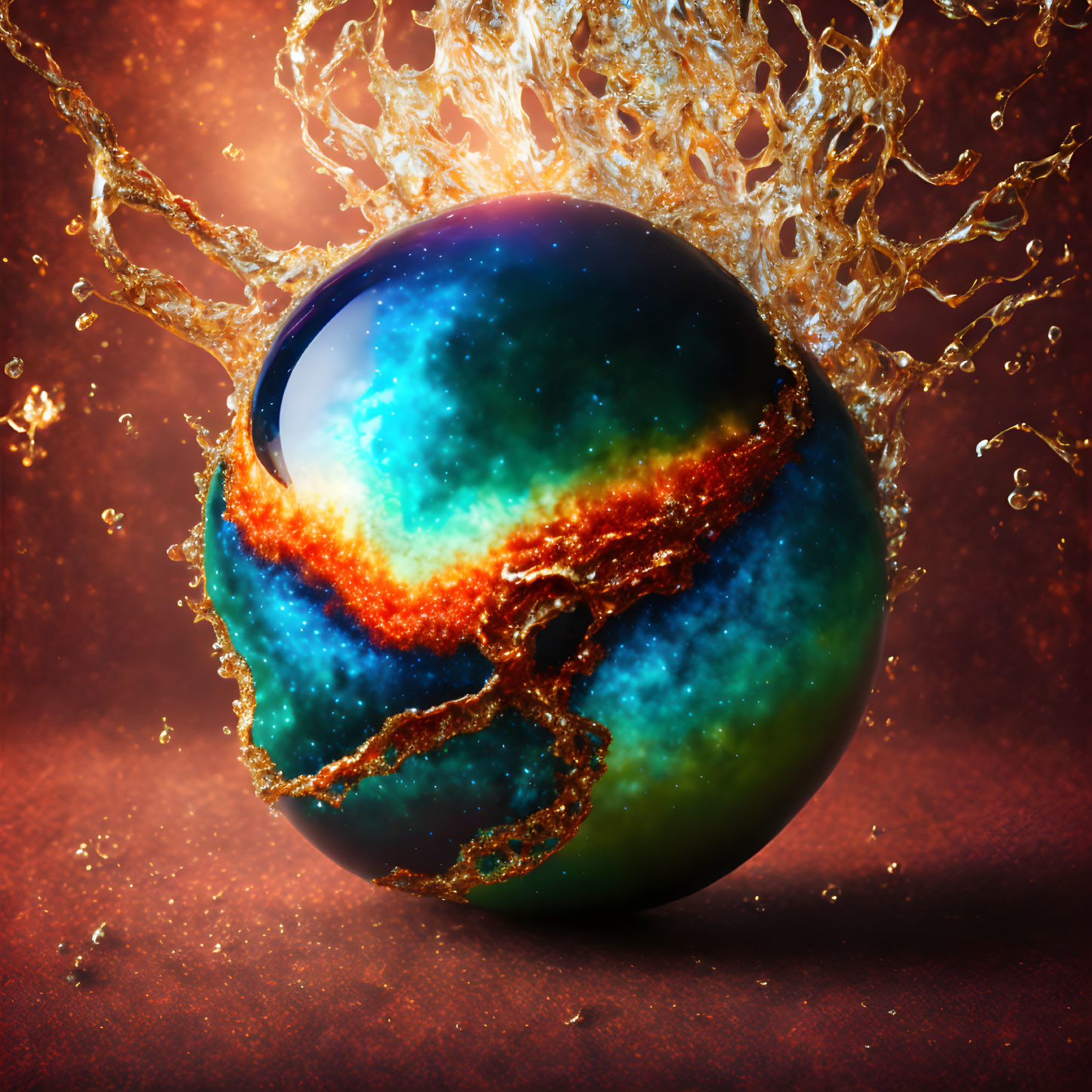 Celestial sphere with galaxy texture and liquid splashes on warm background