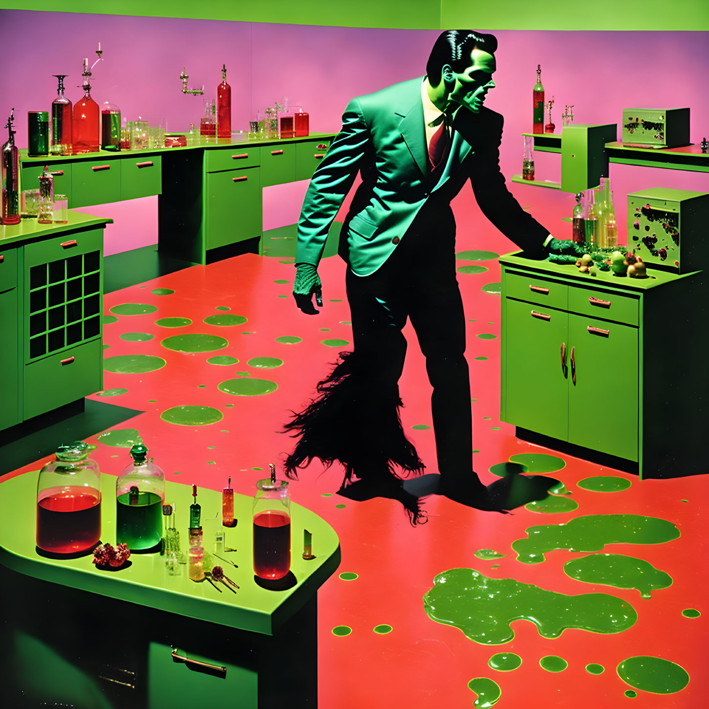 Surreal image of man in green suit with liquid shadow in colorful kitchen