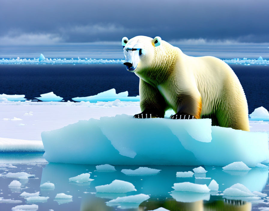 Polar bear on small iceberg in icy waters under blue sky