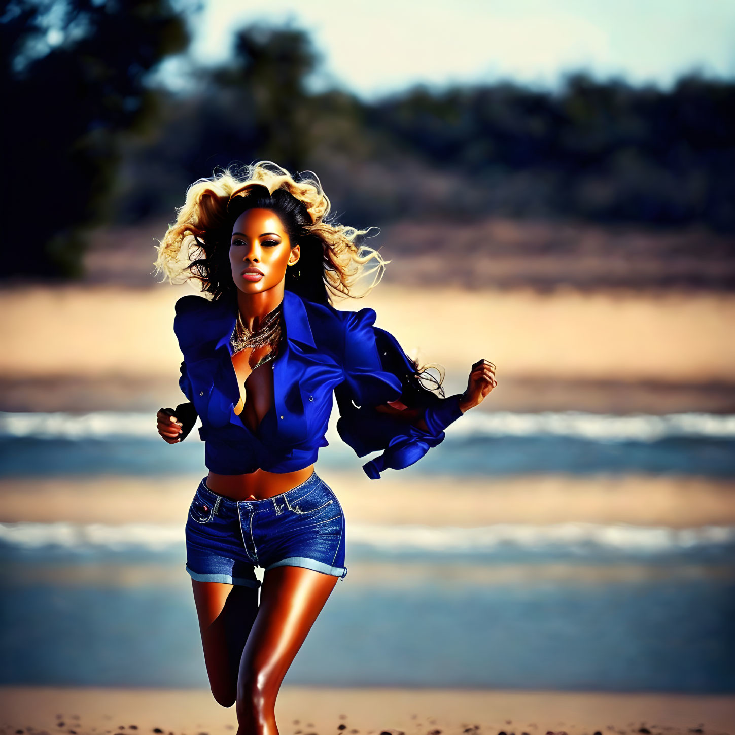 Woman in Blue Jacket and Denim Shorts Running on Beach