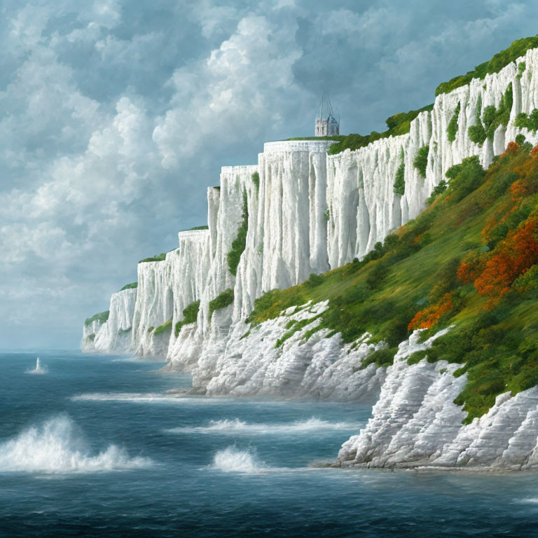 White Chalk Cliffs, Sailboat, and Lone Building in Scenic View