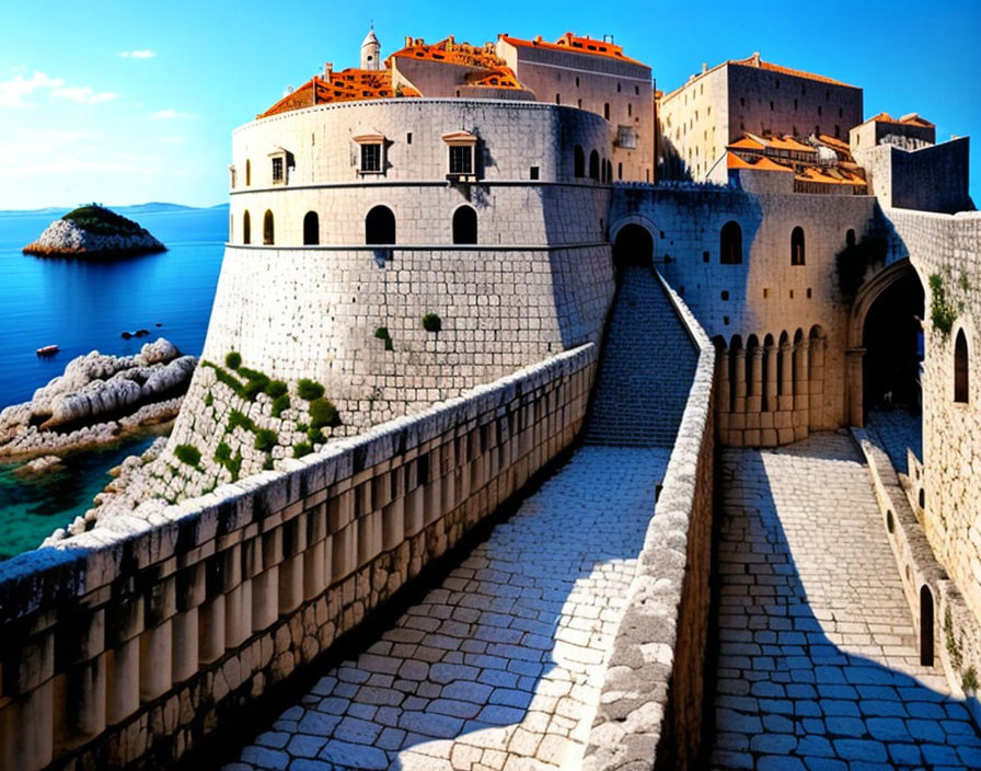 Stone Pathway to Medieval Fortress by the Sea with Island View