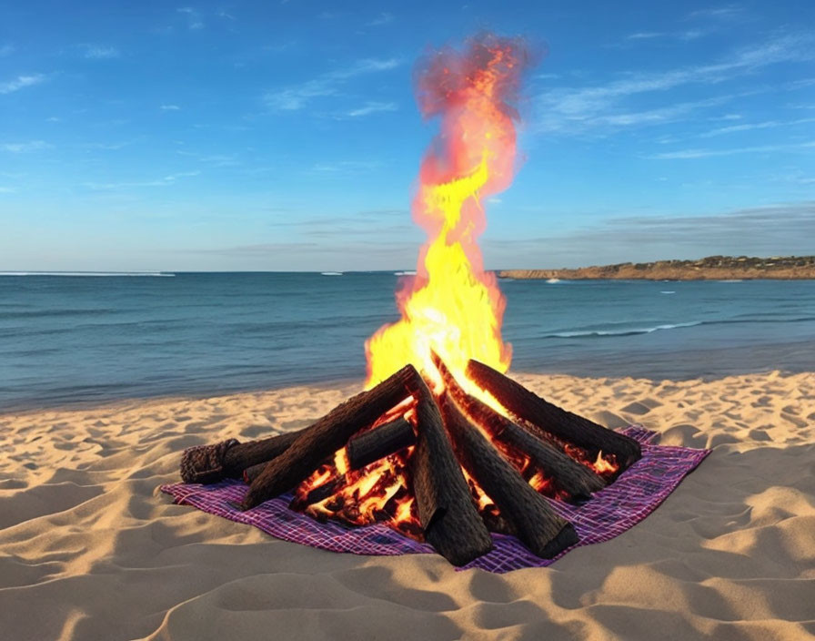 Bonfire burning on purple blanket at sandy beach during twilight