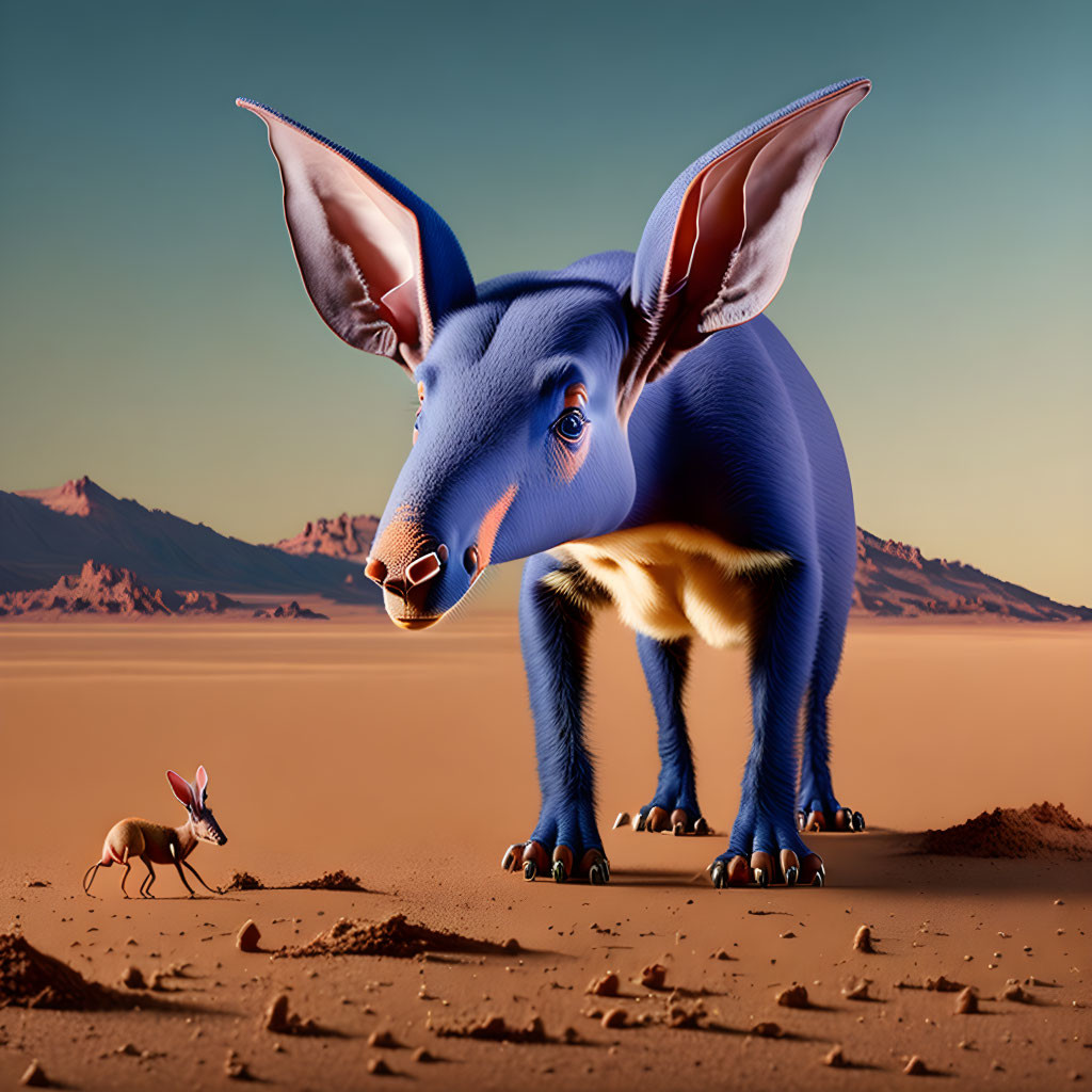 Surreal oversized blue animal with large ears in desert scene