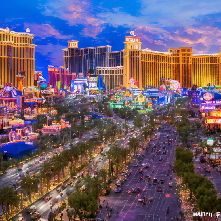 Vibrant Las Vegas Strip at Twilight with Illuminated Casino Resorts