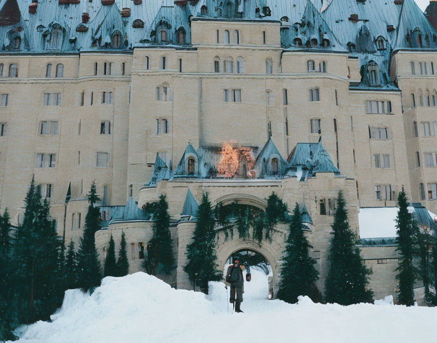 Person standing in snow at château-style hotel with flaming hearth and evergreen trees