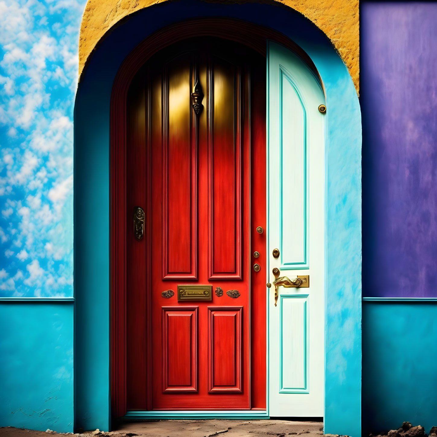 Vivid Red and Turquoise Doors in Blue Archway Against Sky-Blue Wall