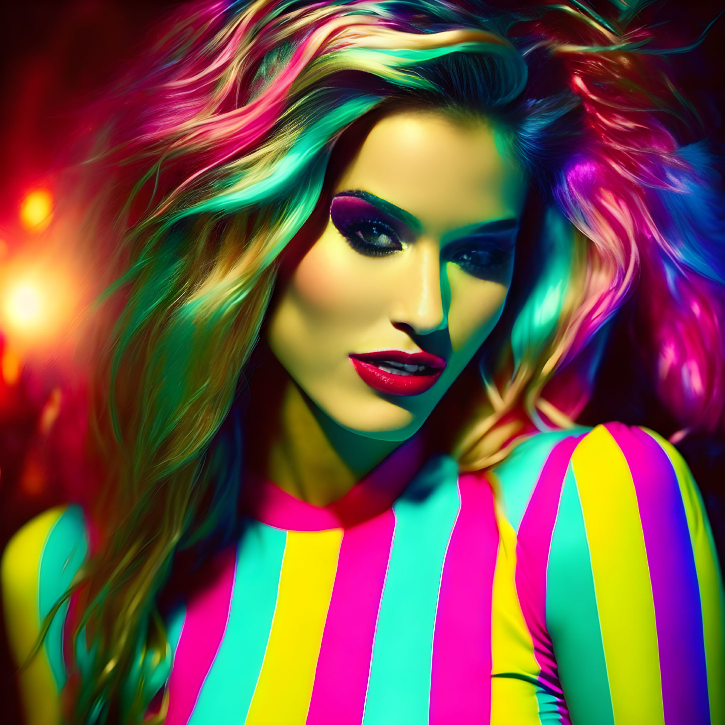 Colorful Makeup and Hair Woman in Bright Striped Attire on Vibrant Background