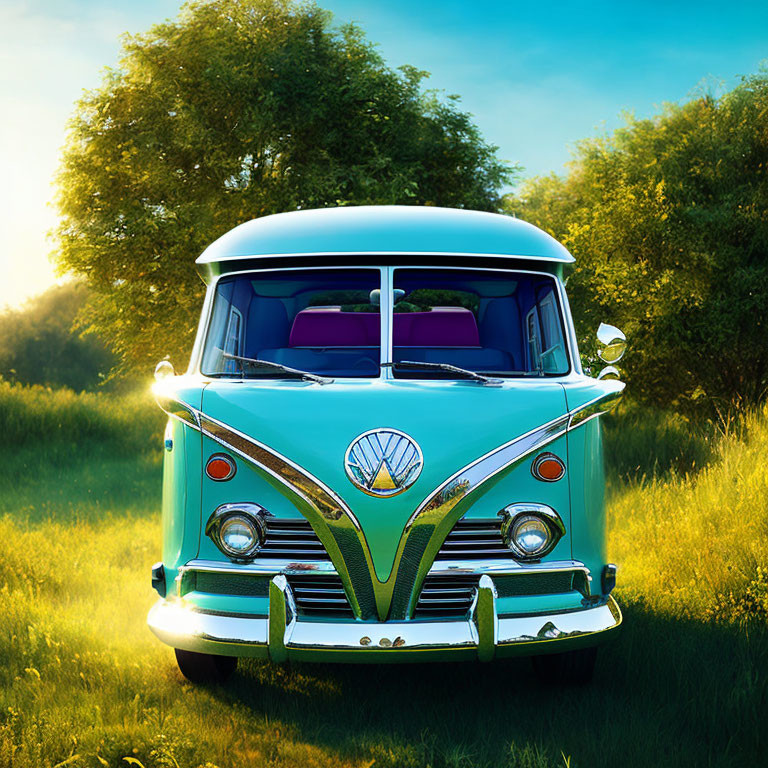 Vintage turquoise and white Volkswagen van in lush green field with sunlight filtering through trees