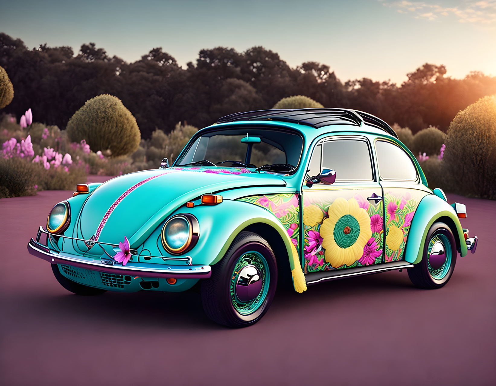 Colorful Floral Painted Vintage Volkswagen Beetle Parked in Serene Dusk Setting