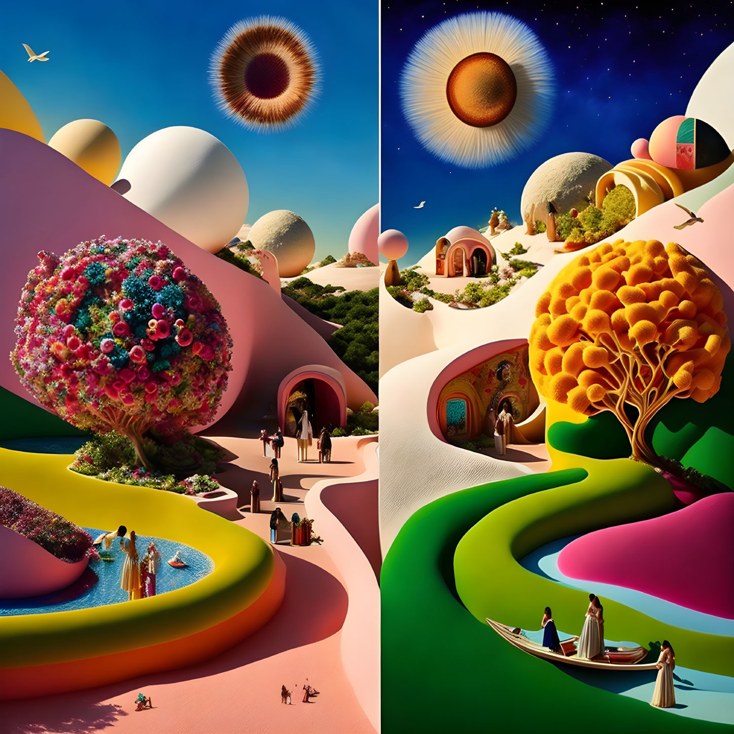 Colorful surreal landscape split between day and night with whimsical structures, abstract garden, and river.