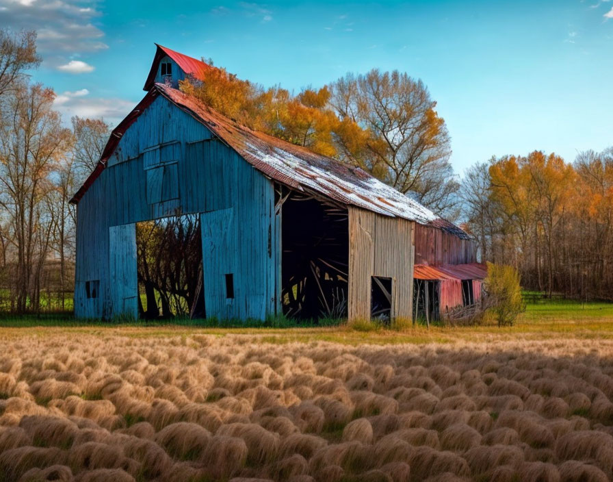 Weathered Blue Barn with Red Roof in Field of Grass and Autumn Trees