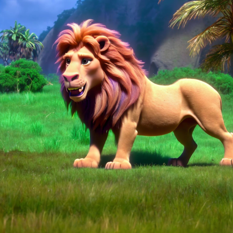 3D animated lion with thick mane in savannah landscape