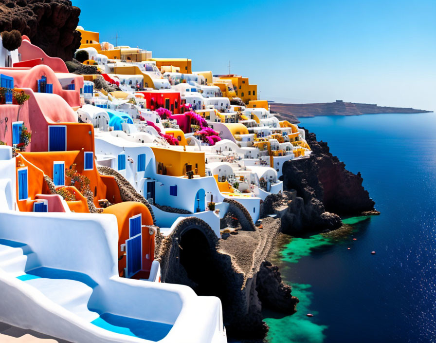 Vibrant cliffside buildings and blue domes in Santorini, Greece