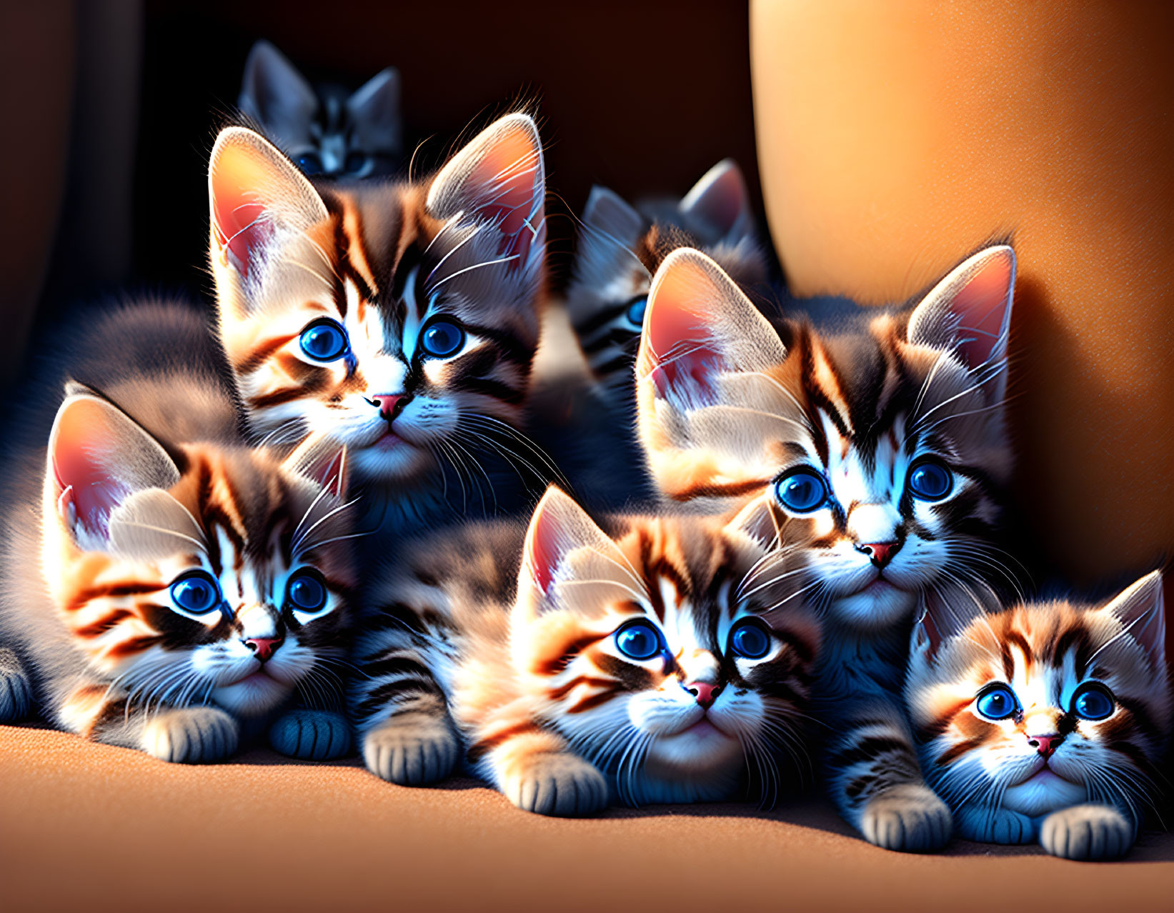 Cute Kittens with Blue Eyes and Brown Striped Fur on Orange Surface