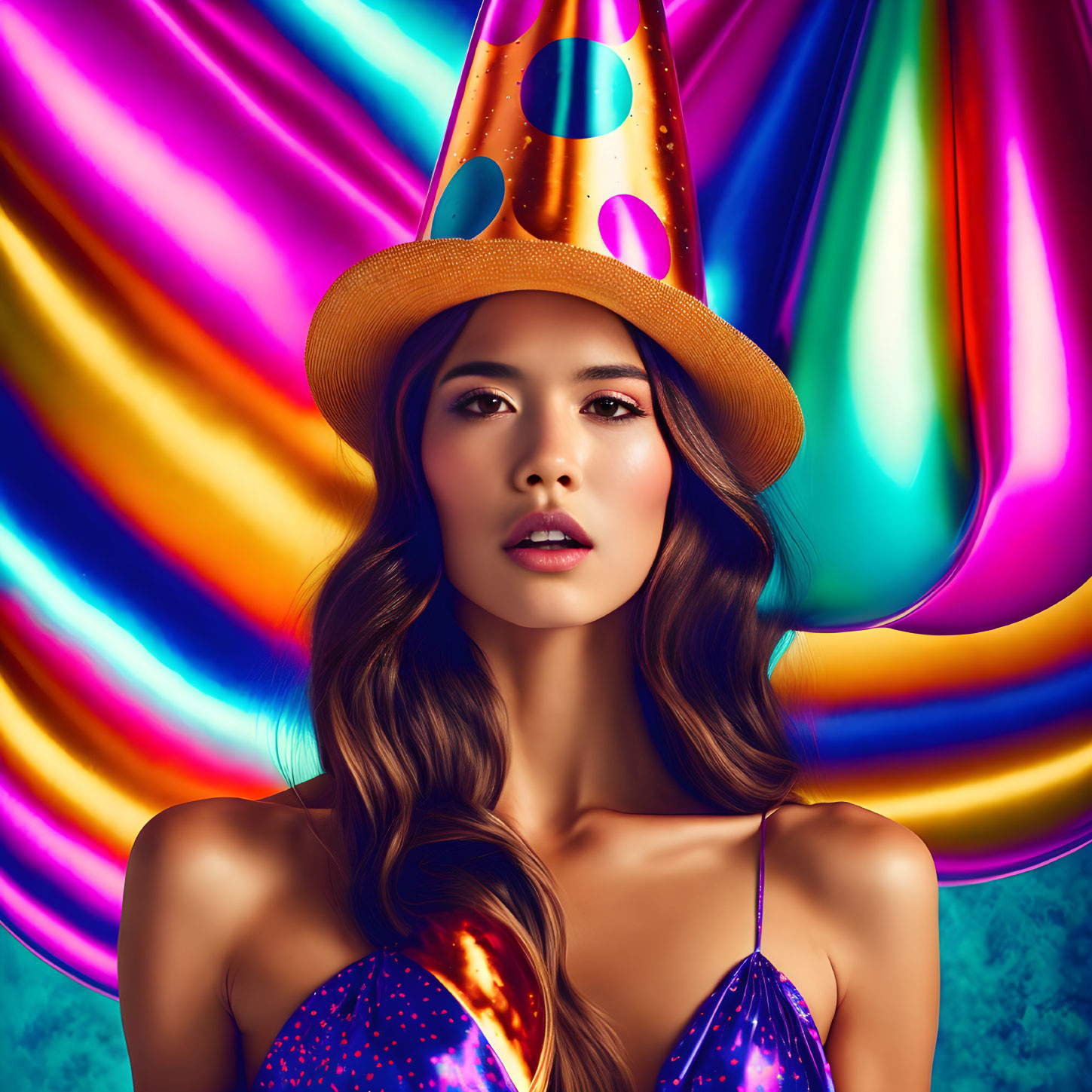 Colorful Draped Background with Woman in Party Hat