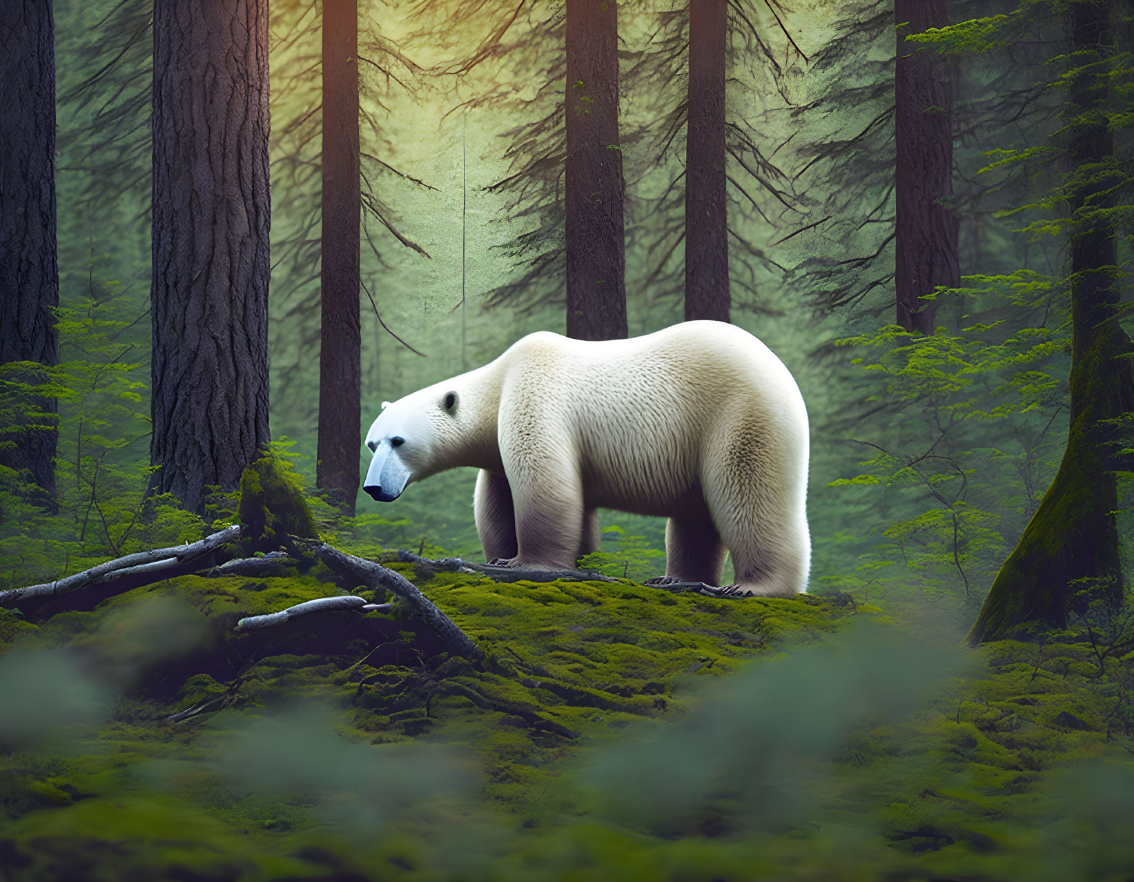 Polar bear in lush green forest under sunlight