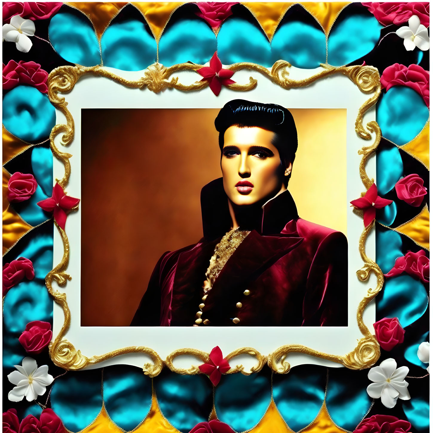 Stylized portrait of a man with dark hair in high collar jacket, framed by golden ornate