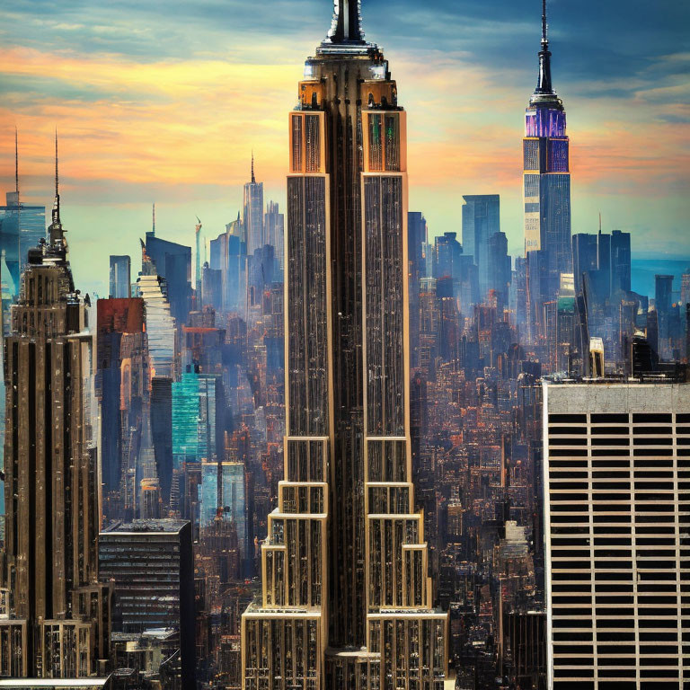 Iconic New York City skyline featuring Empire State Building at sunset