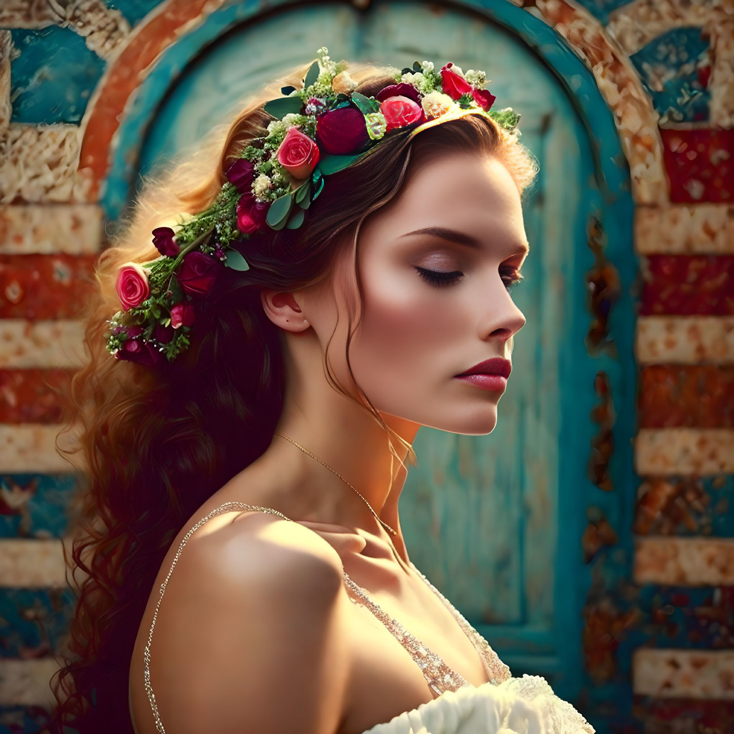 Woman with Floral Crown and Strap Dress in Rustic Setting