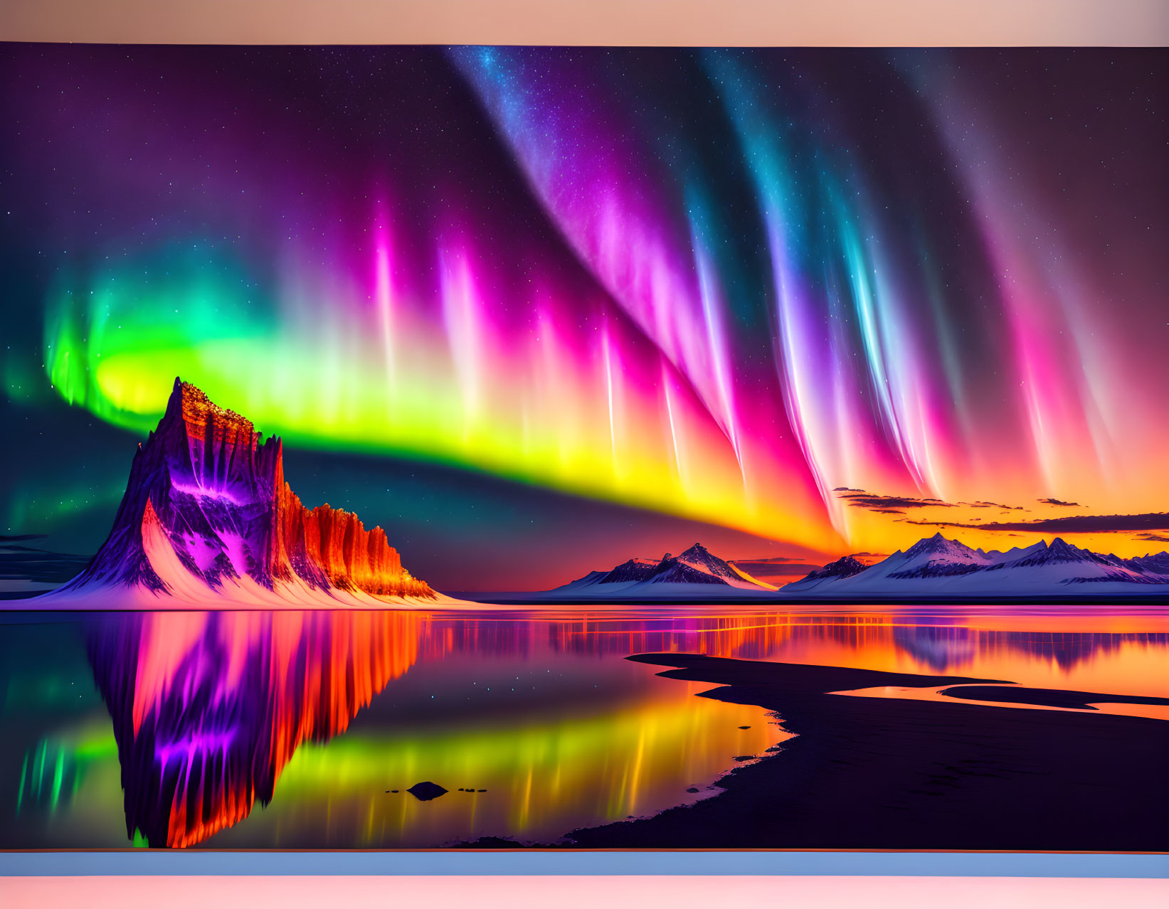 Colorful auroras dance over snow-capped mountains at sunset