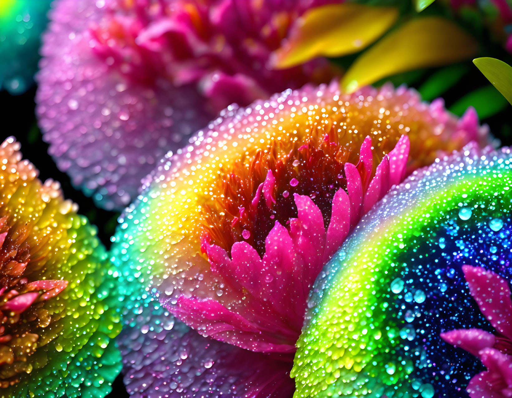 Colorful Rainbow Flowers with Dewdrops on Petals on Dark Background