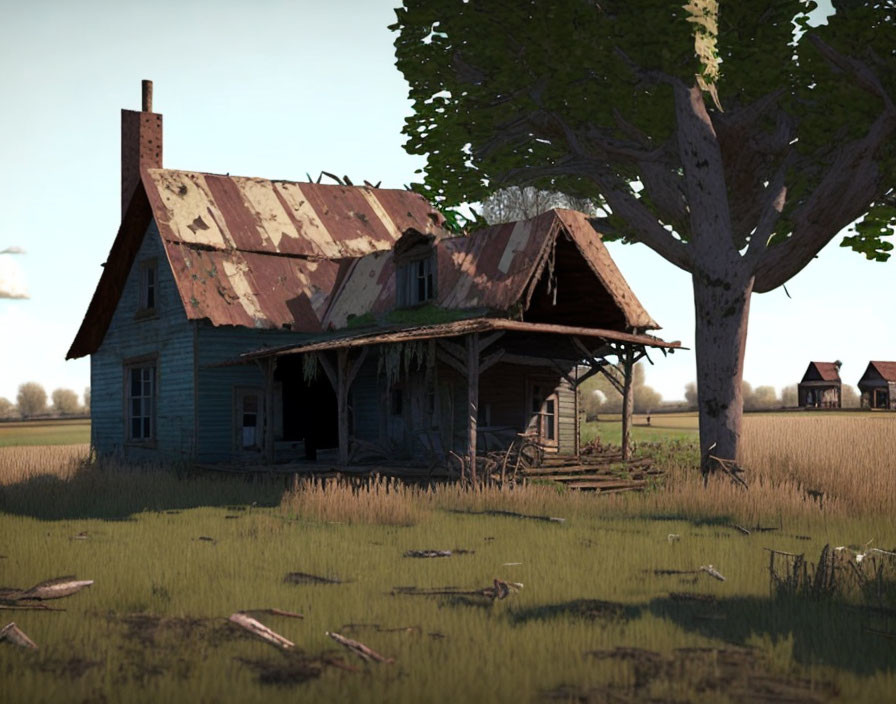 Decrepit wooden house with damaged roof in overgrown field