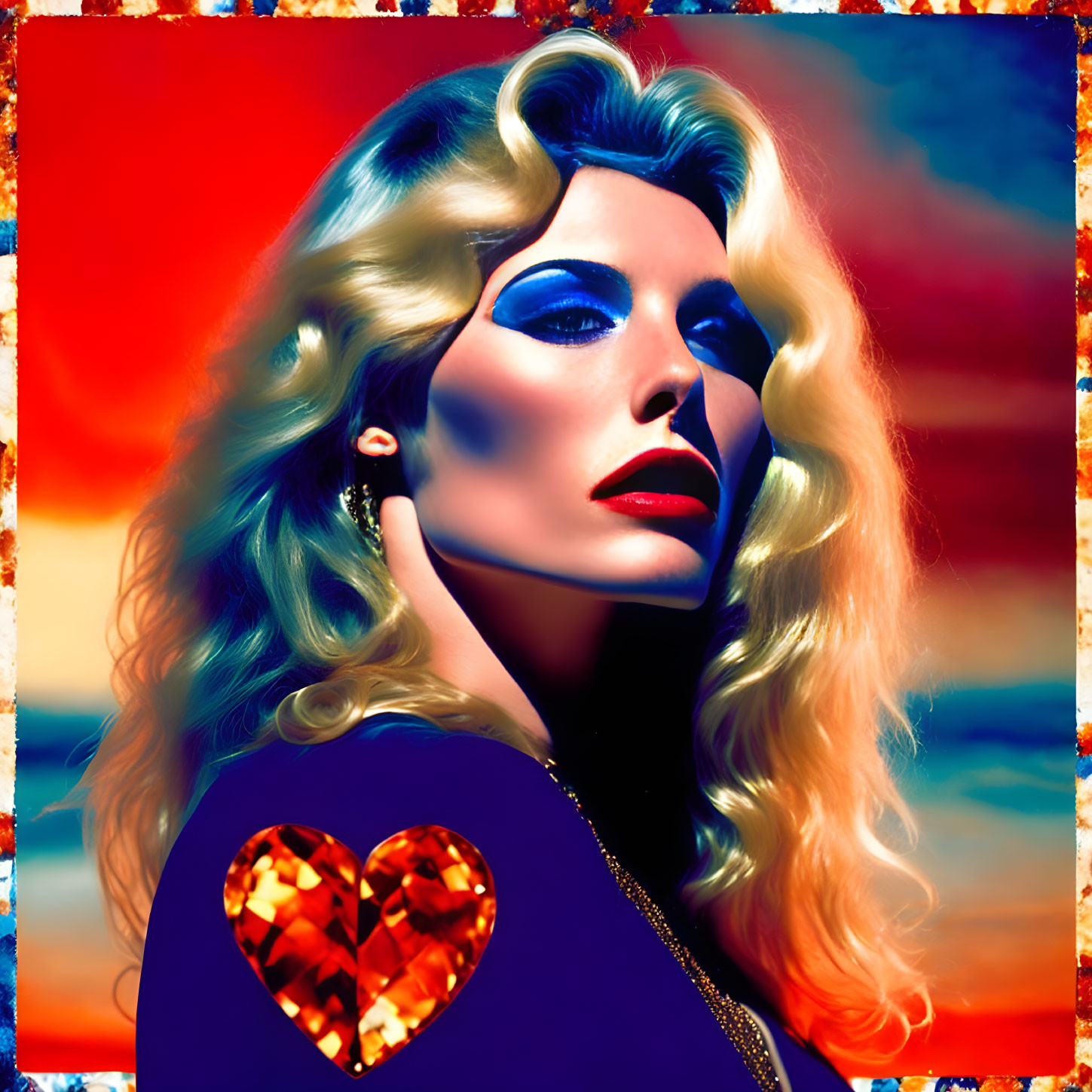 Blonde woman with blue eyeshadow and red lipstick in fiery sky portrait