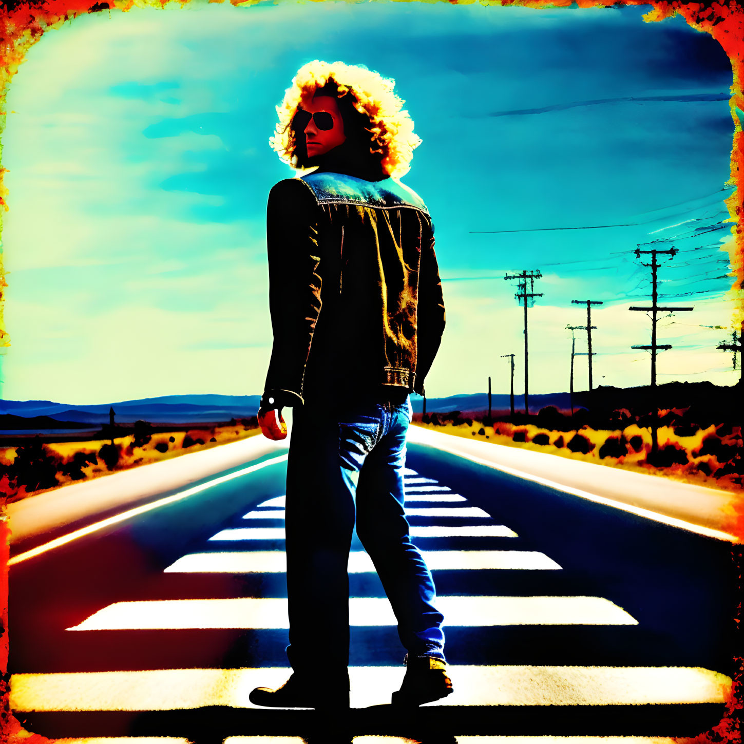 Curly-Haired Person in Jacket on Crosswalk with Blue Sky