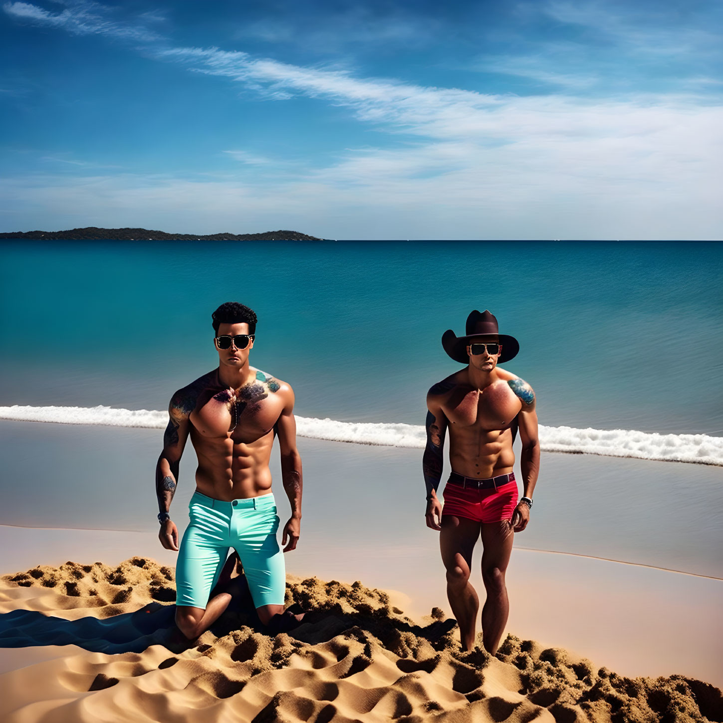 Two Men on Sandy Beach with White Hat, Blue Sky, Calm Sea