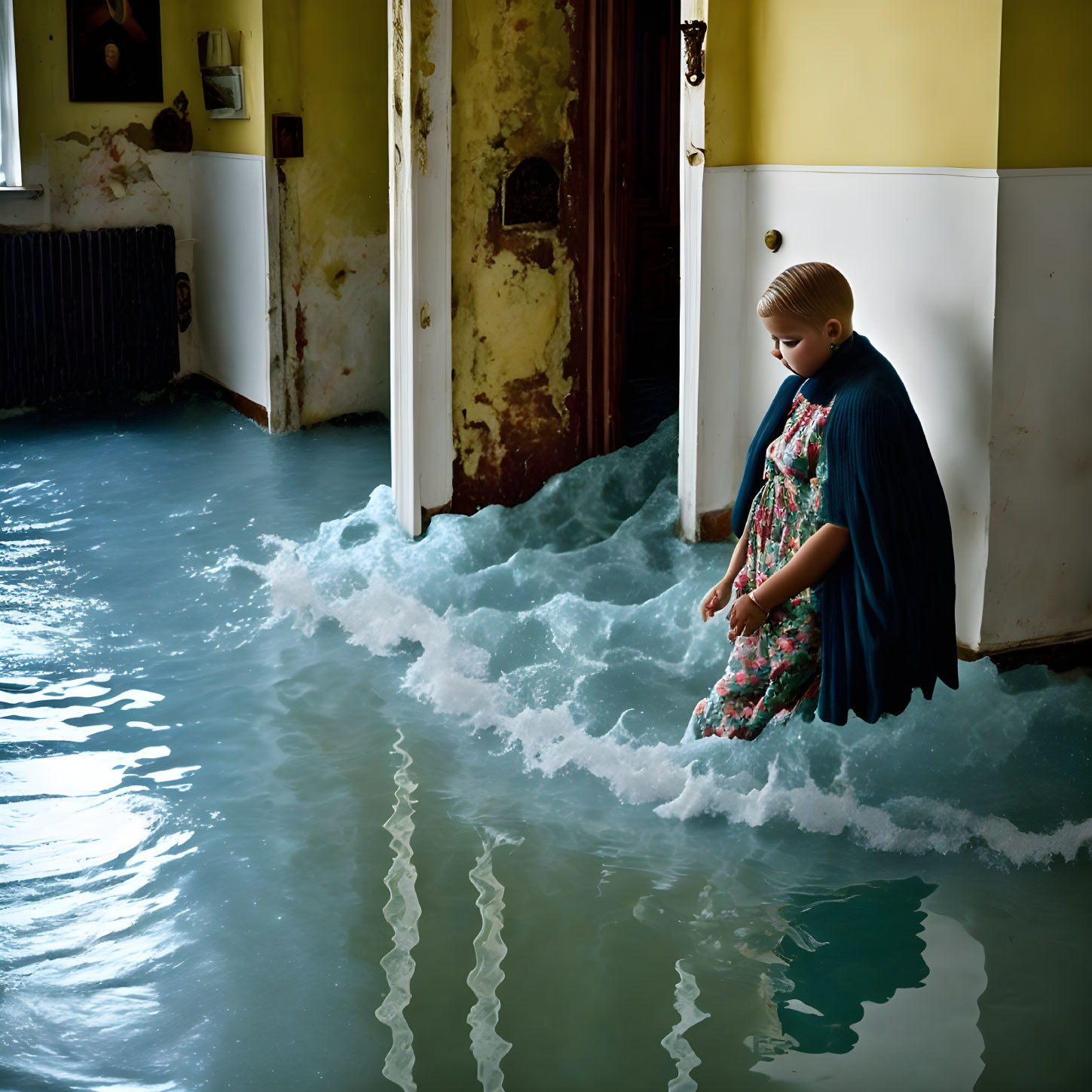 Child in Colorful Dress Contemplating in Flooded Room