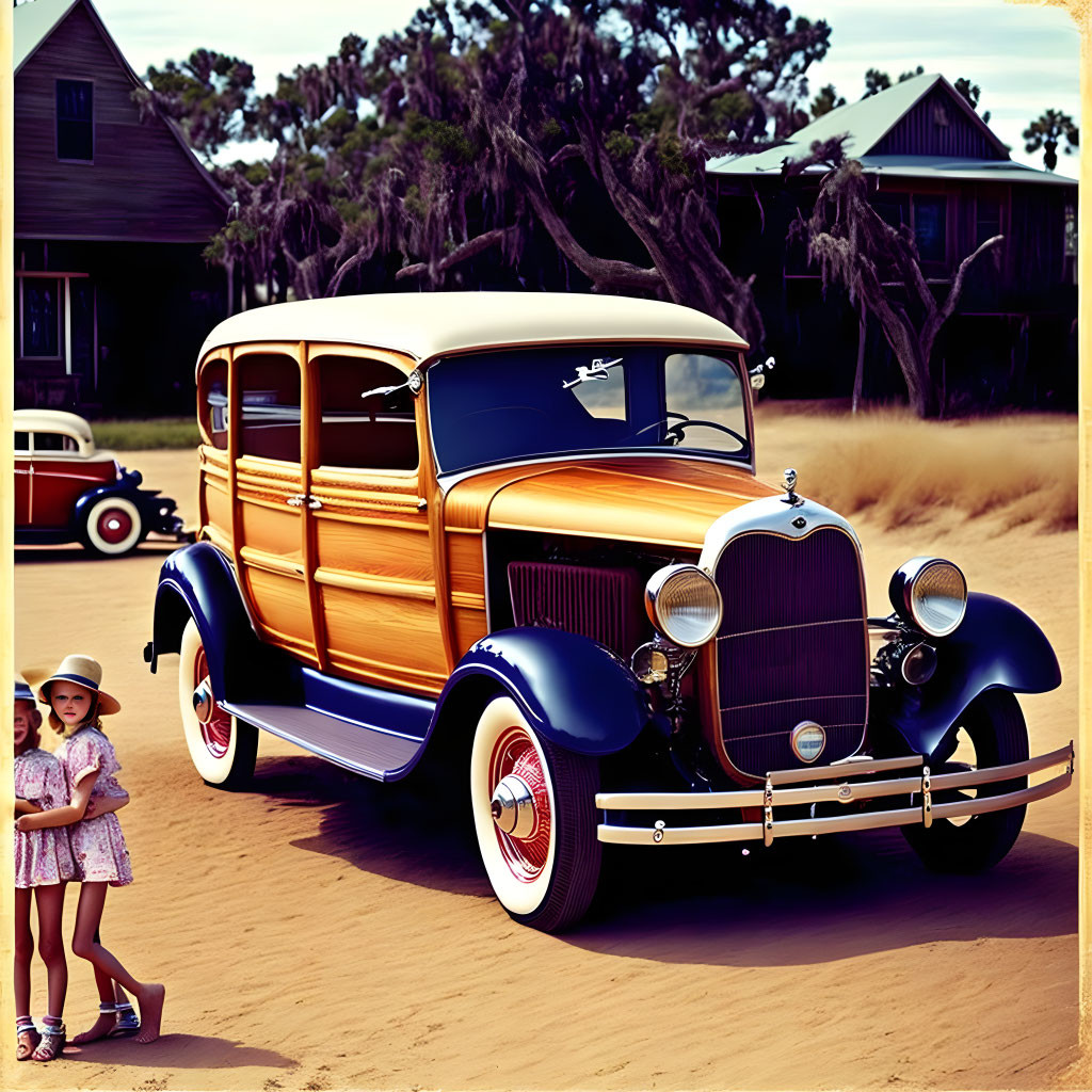 Vintage wood-paneled car parked with young girl on sandy lot