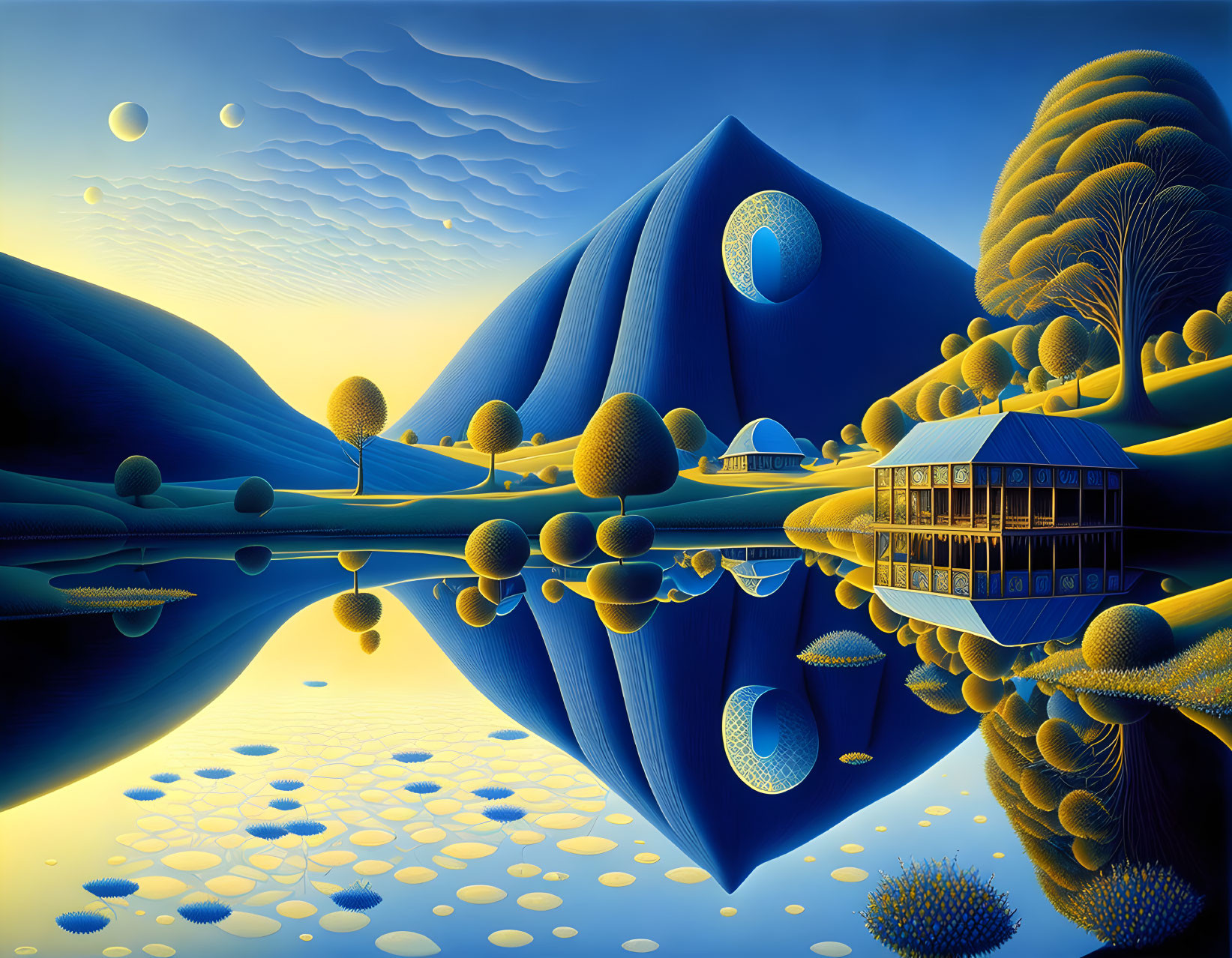 Twilight surreal landscape with blue hills, yellow trees, reflective lake, house on stilts, orbs