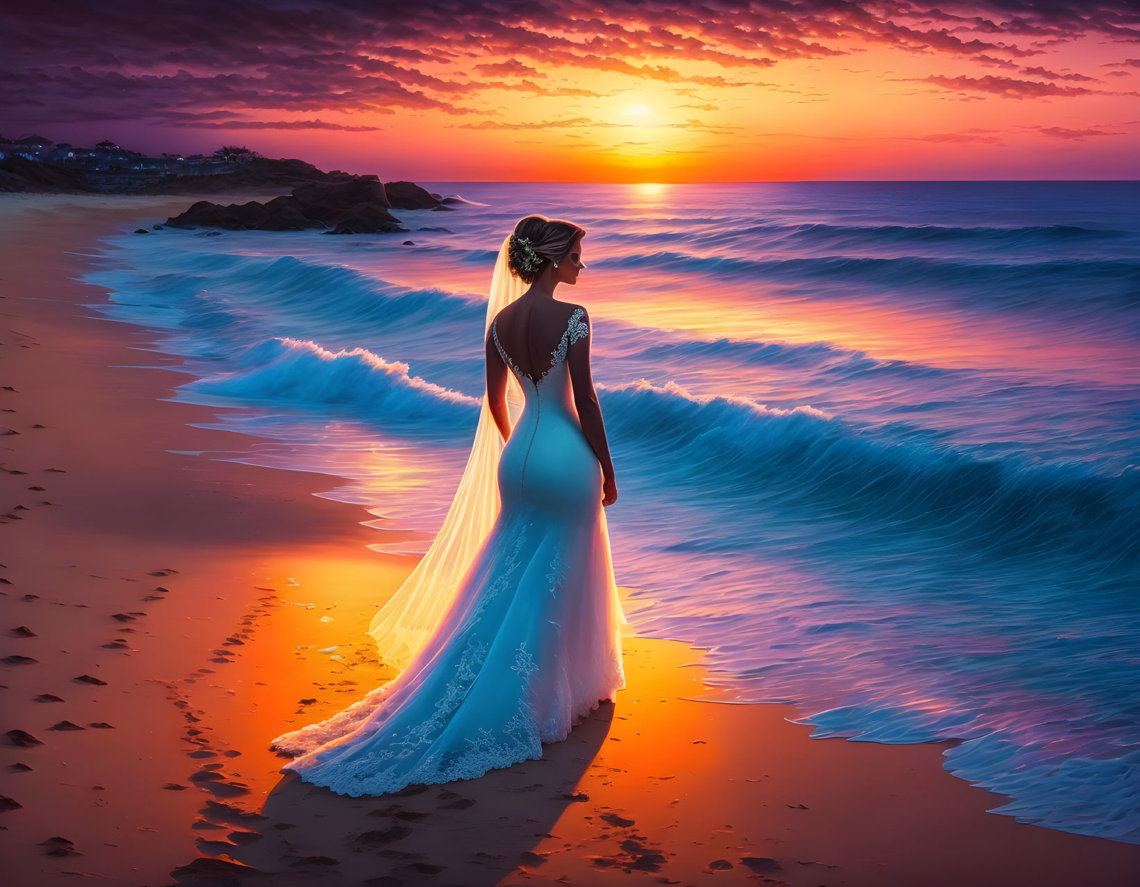 Woman in White Dress by Sea at Sunset with Warm Sky