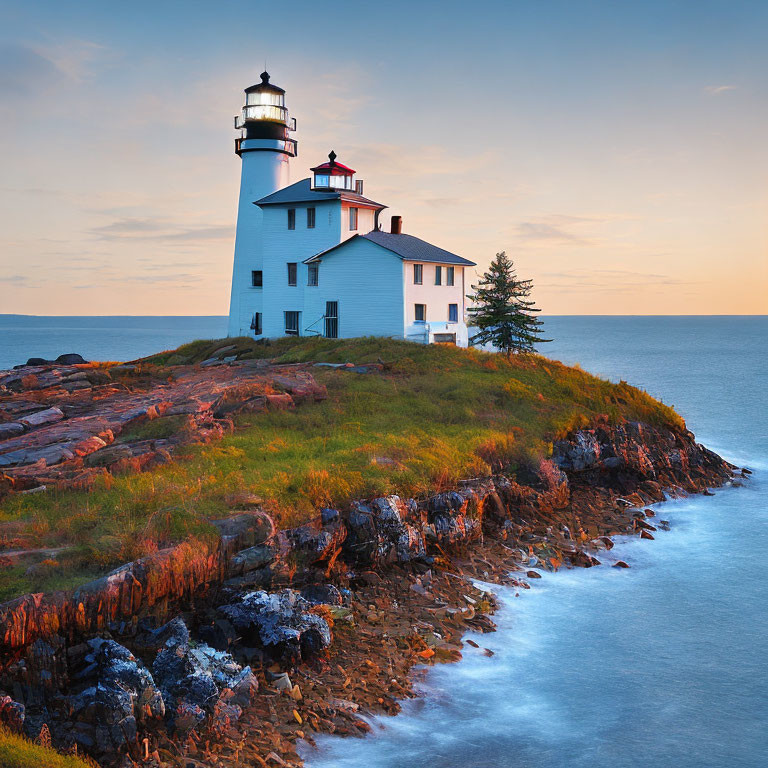 Scenic lighthouse on rocky promontory at dusk