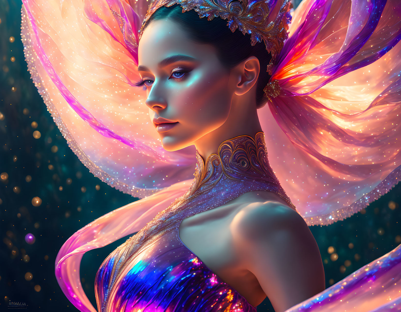 Digital artwork: Woman with ethereal glow, intricate crown, and butterfly wing gown