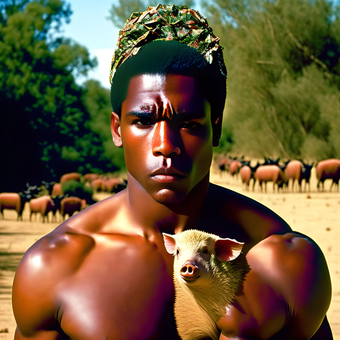 Muscular man with reflective crown holding piglet among sheep herd under clear sky