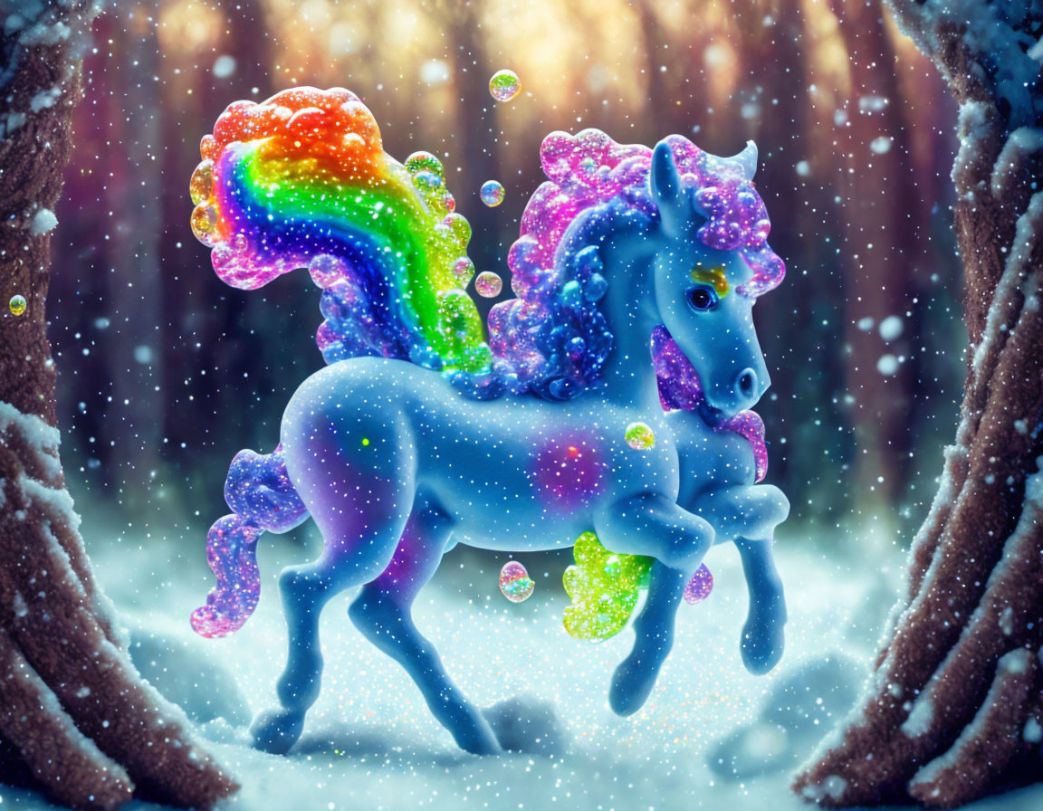 Colorful unicorn with multi-colored mane in winter forest scene