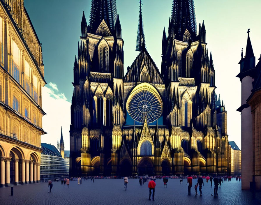 Gothic Cathedral with Twin Spires and Circular Window on Clear Sky Background