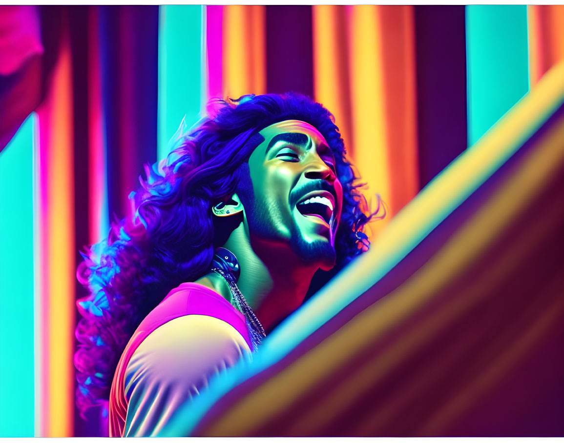 Colorful Portrait of Laughing Person with Flowing Hair