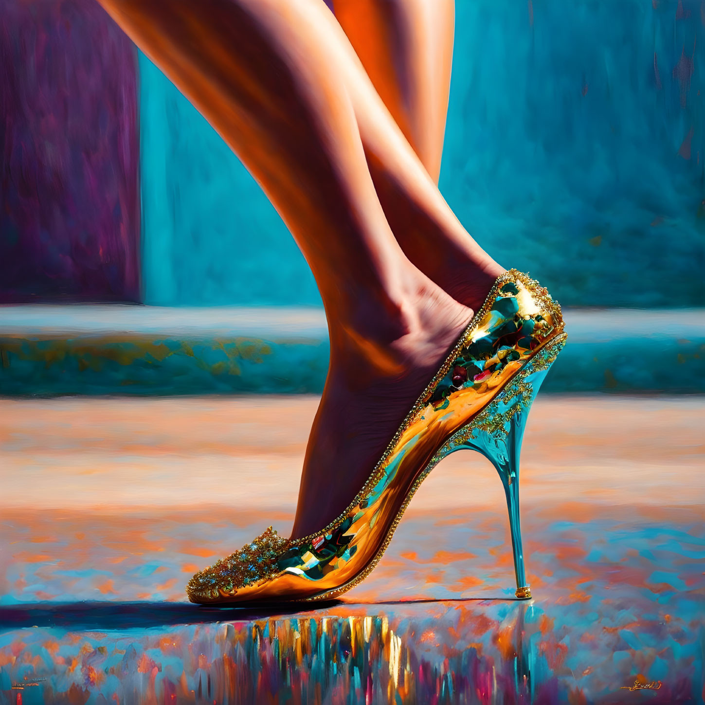 Vibrant painting of high-heeled legs with exaggerated reflections