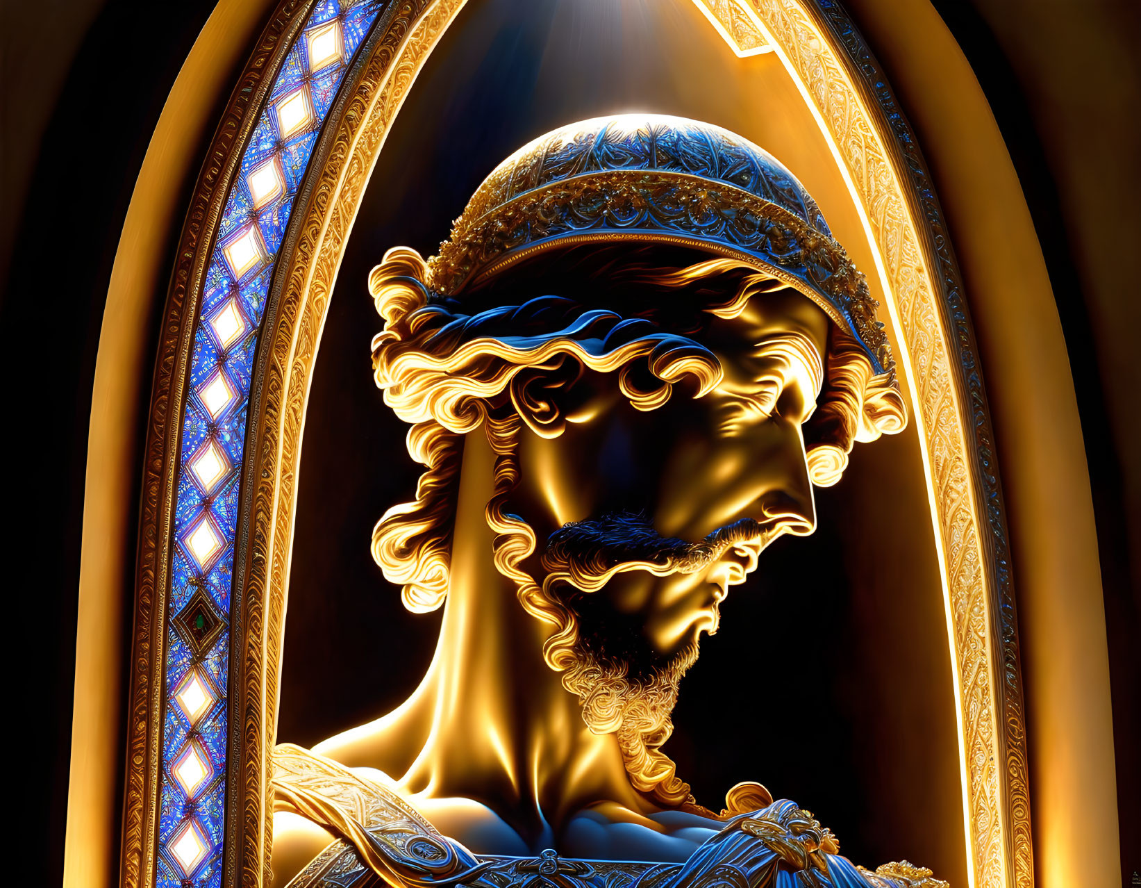 Glowing golden bust of classical figure against dark background