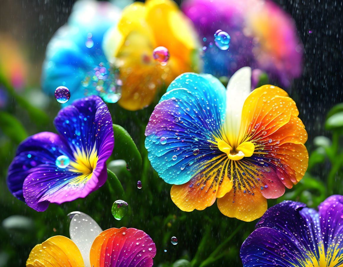 Colorful pansy flowers with water droplets on bokeh background