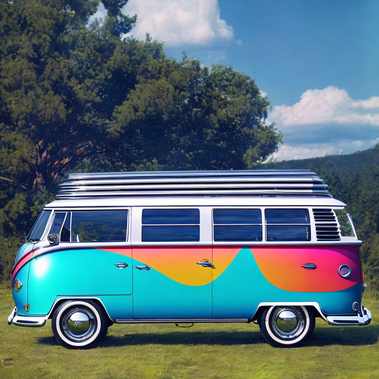 Colorful Hippie Design Volkswagen Van Parked in Scenic Nature Setting