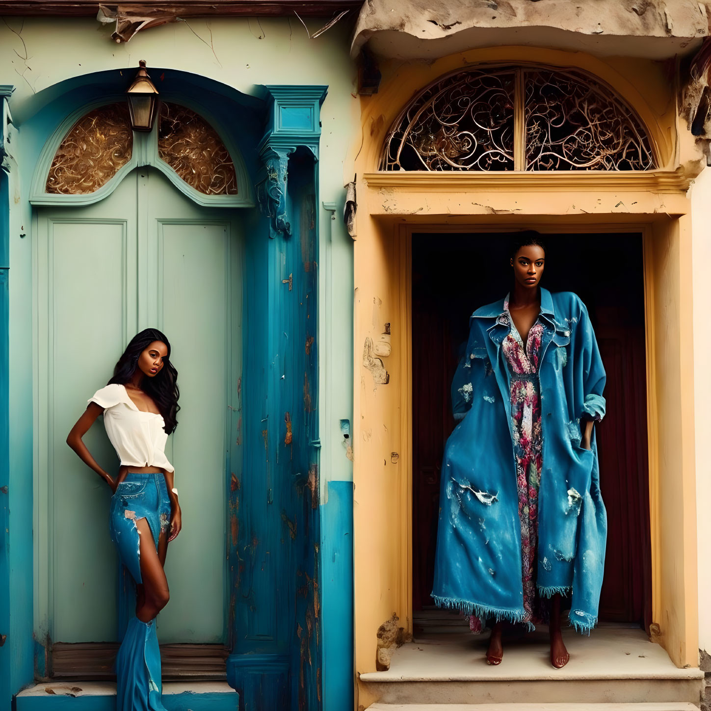 Stylish women posing by blue door and building with intricate details